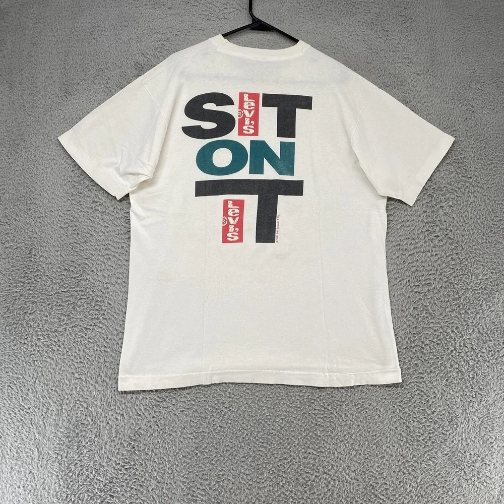 Vintage Levi's Sit On It Shirt Mens XL White 1991 Graphic‎ Tee 90s Levis